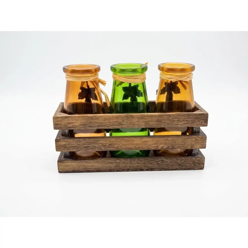 Fall Thanksgiving Table Centerpiece - Set of 3 Amber & Green Glass Bottle Vases